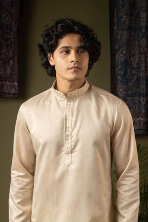 Off White Embroidered Silk Men's Kurta Sets