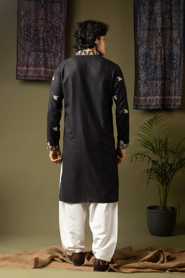 Black Embroidered Linen Men's Kurta Sets