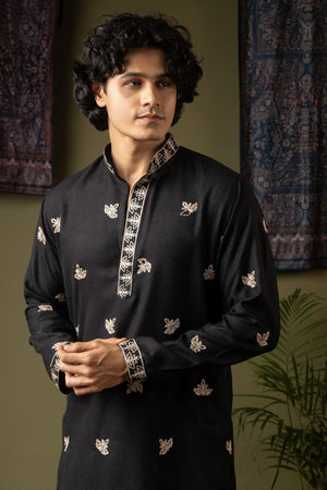 Black Embroidered Linen Men's Kurta Sets