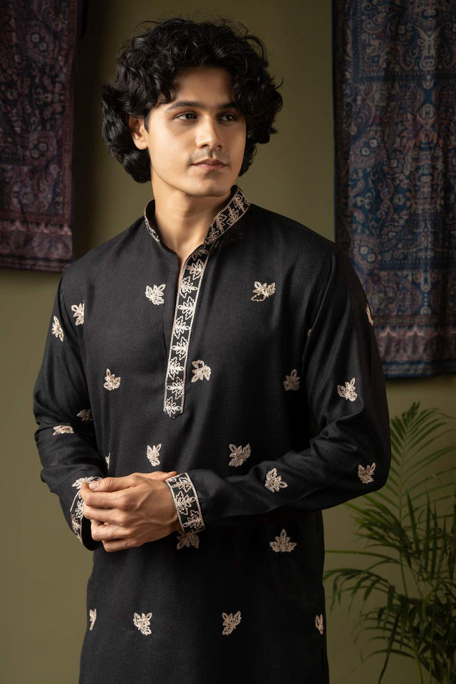 Black Embroidered Linen Men's Kurta Sets