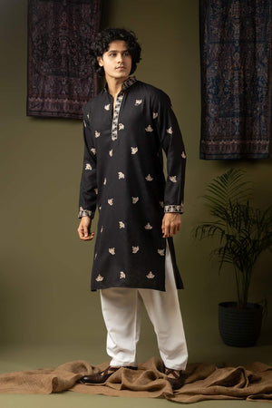Black Embroidered Linen Men's Kurta Sets