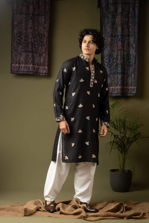 Black Embroidered Linen Men's Kurta Sets