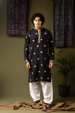 Black Embroidered Linen Men's Kurta Sets