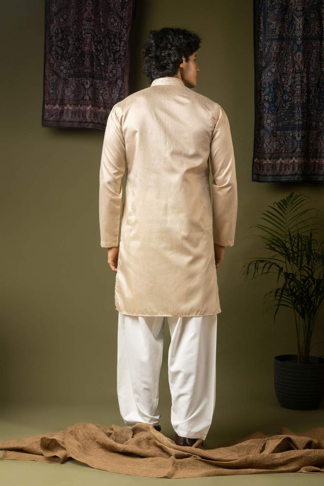 Off White Embroidered Silk Men's Kurta Sets