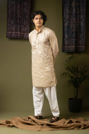 Off White Embroidered Silk Men's Kurta Sets