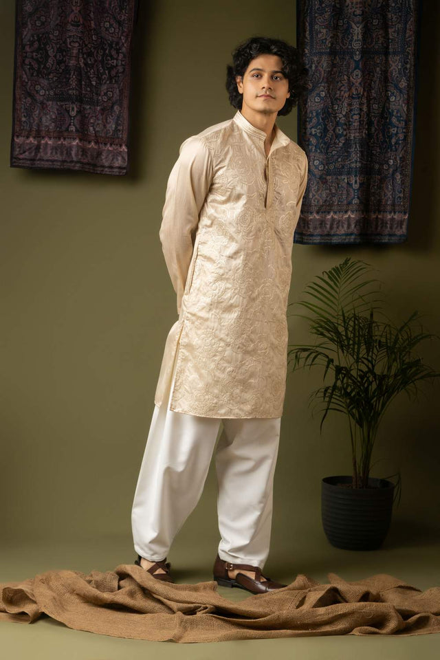 Off White Embroidered Silk Men's Kurta Sets