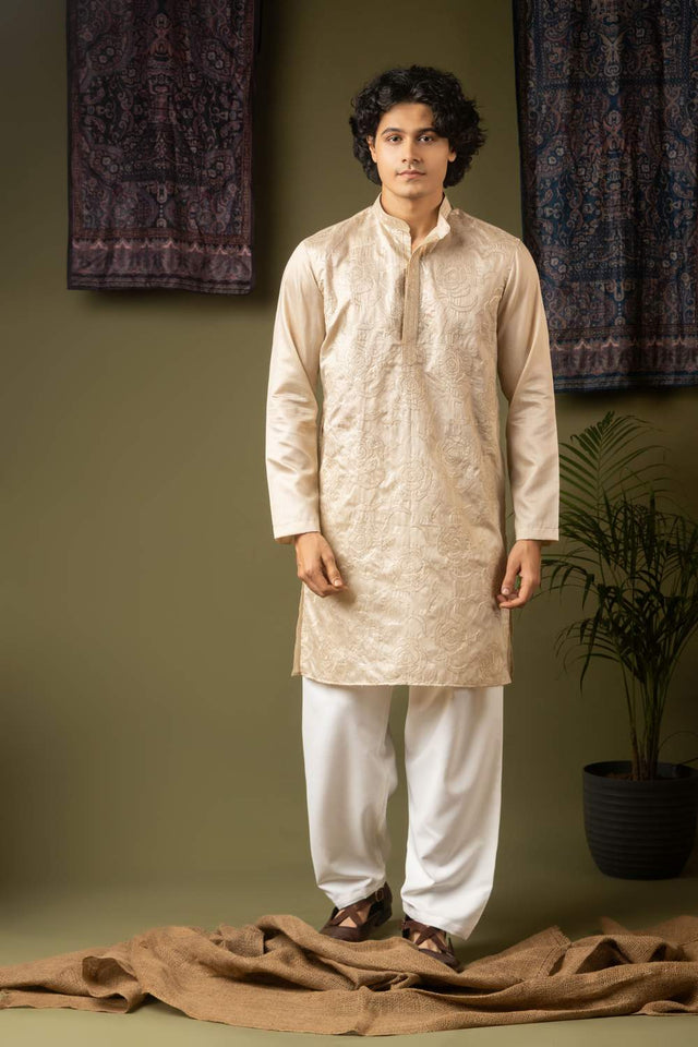 Off White Embroidered Silk Men's Kurta Sets