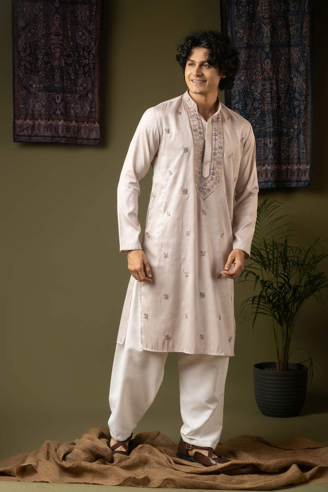 Purple Embroidered Silk Men's Kurta Sets