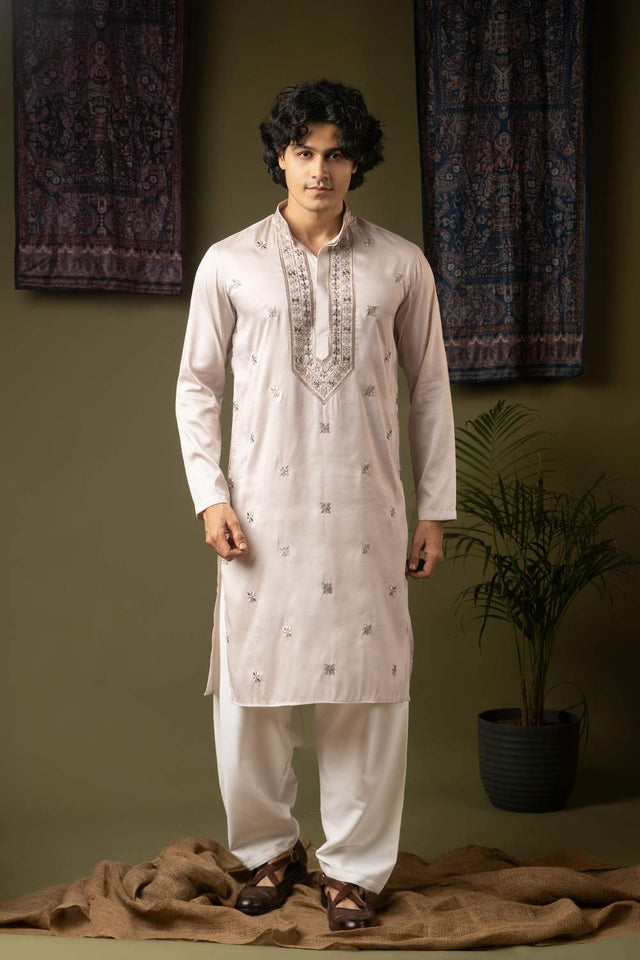Purple Embroidered Silk Men's Kurta Sets