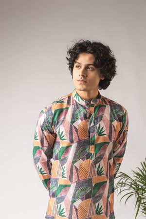 Multicolor Printed Linen Men's Kurta Sets