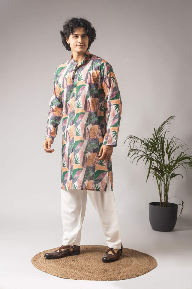 Multicolor Printed Linen Men's Kurta Sets