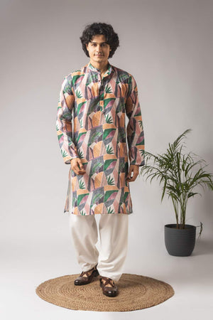 Multicolor Printed Linen Men's Kurta Sets