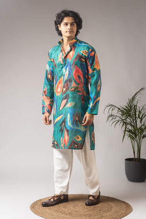 Green Printed Linen Men's Kurta Sets
