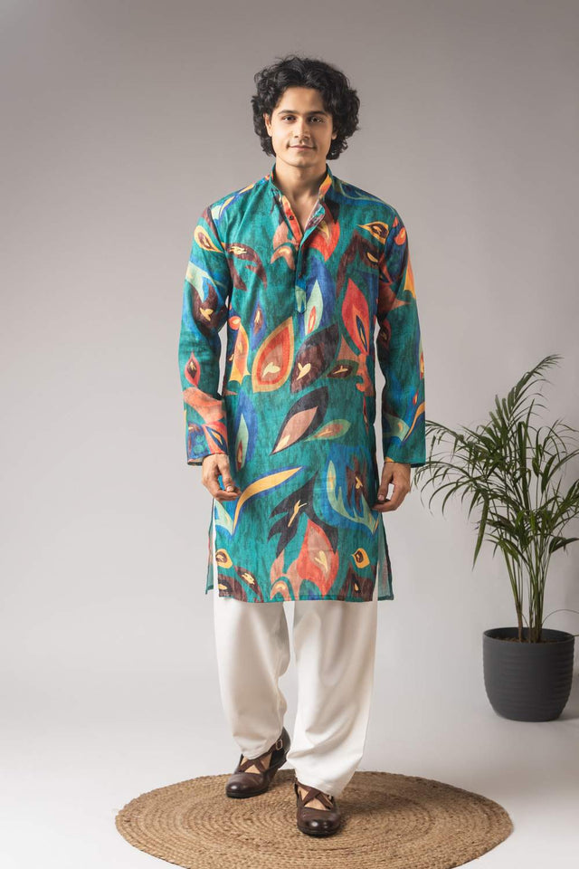 Green Printed Linen Men's Kurta Sets