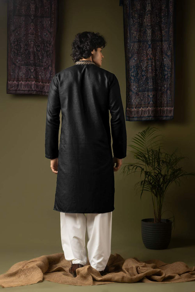 Black Embroidered Linen Men's Kurta Sets