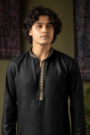 Black Embroidered Linen Men's Kurta Sets