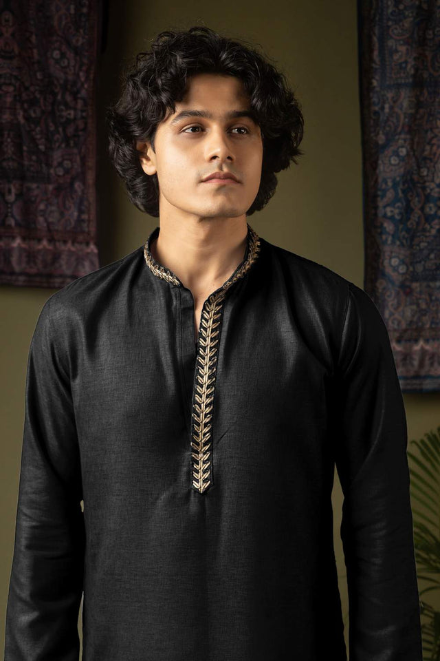 Black Embroidered Linen Men's Kurta Sets