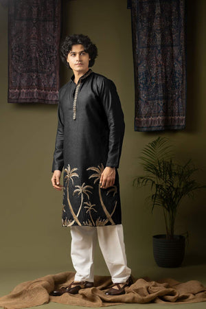 Black Embroidered Linen Men's Kurta Sets