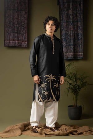 Black Embroidered Linen Men's Kurta Sets