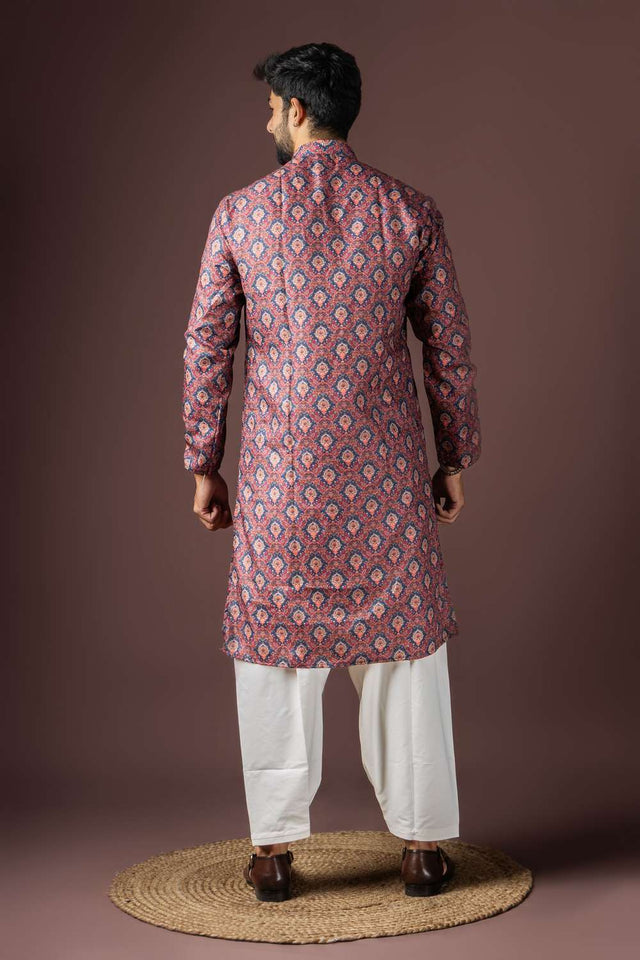 Wine Printed Cotton Blended Men's Kurta Sets