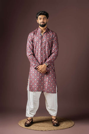 Wine Printed Cotton Blended Men's Kurta Sets