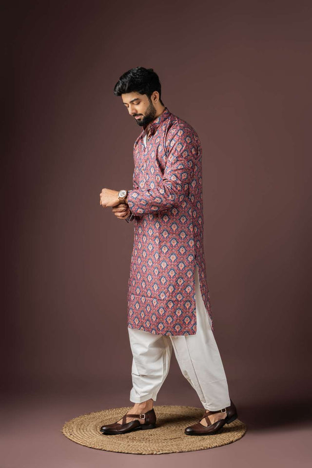 Wine Printed Cotton Blended Men's Kurta Sets