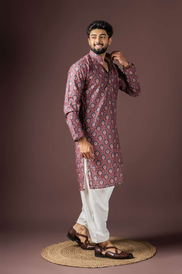 Wine Printed Cotton Blended Men's Kurta Sets