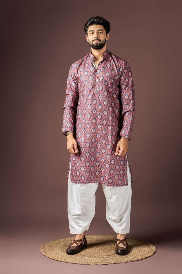 Wine Printed Cotton Blended Men's Kurta Sets