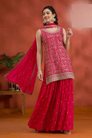 Red Sequin with Embroidered Georgette Sharara Suit Set