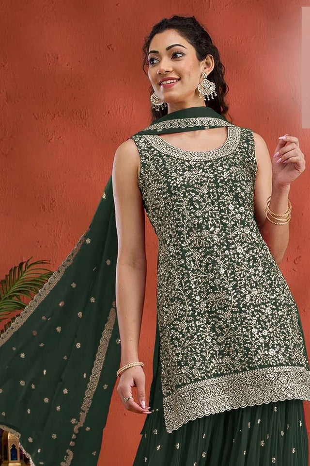 Green Sequin with Embroidered Georgette Sharara Suit Set