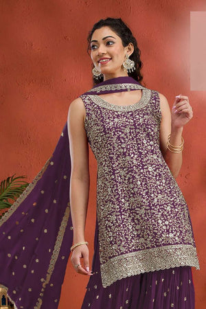 Violet Sequin with Embroidered Georgette Sharara Suit Set