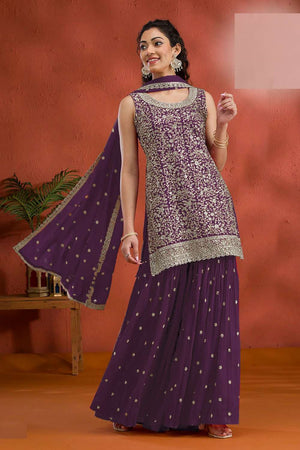 Violet Sequin with Embroidered Georgette Sharara Suit Set