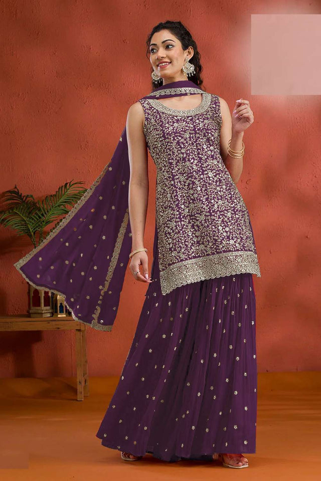 Violet Sequin with Embroidered Georgette Sharara Suit Set