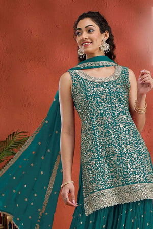 Turquoise Sequin with Embroidered Georgette Sharara Suit Set