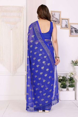 Royal Blue Foil Printed Georgette Saree