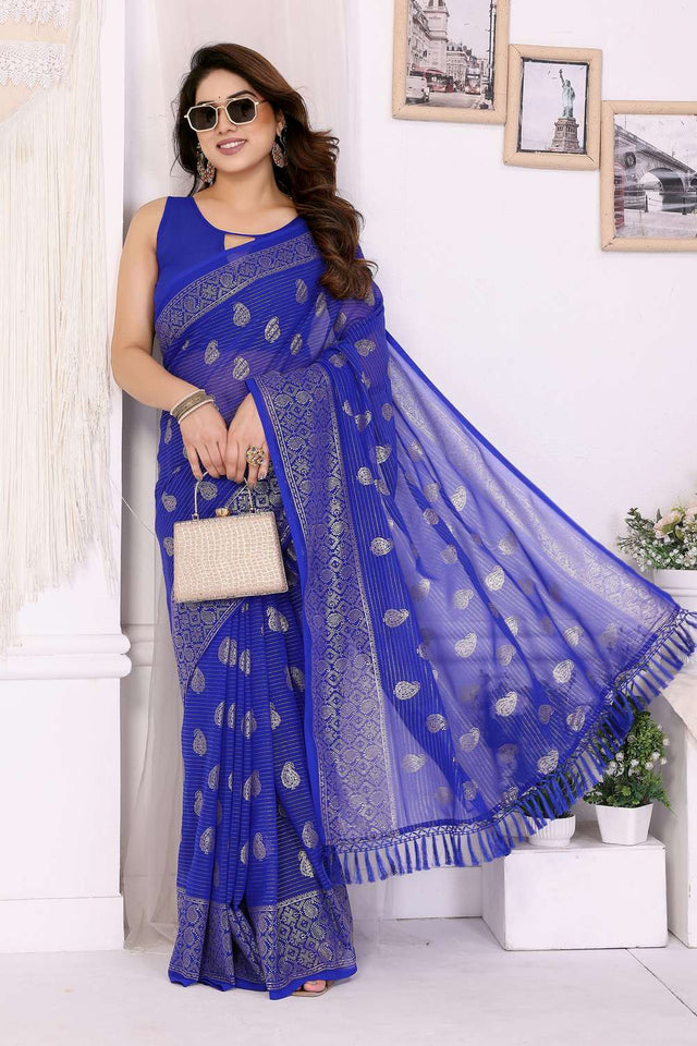 Royal Blue Foil Printed Georgette Saree