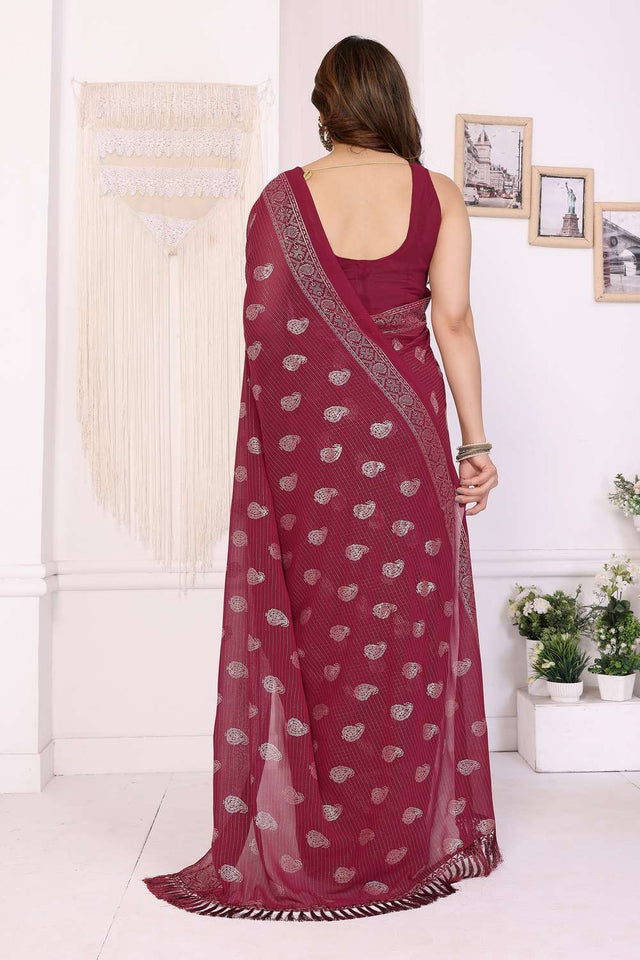 Maroon Foil Printed Georgette Saree