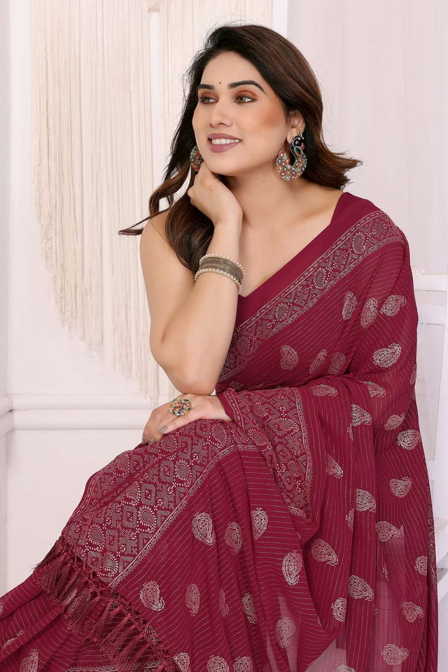 Maroon Foil Printed Georgette Saree