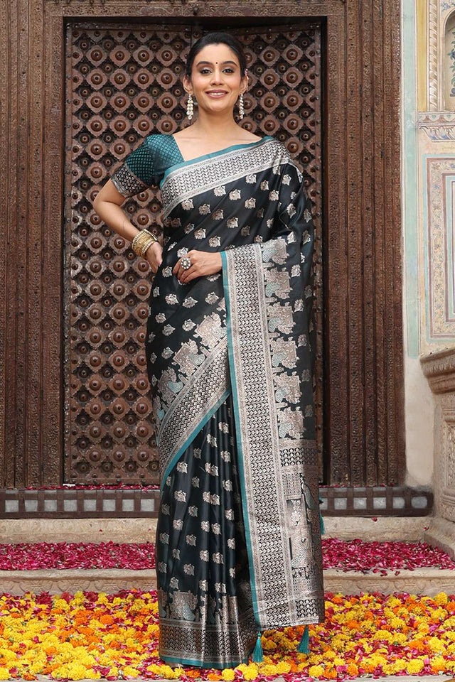 Turquoise Woven Silk  Saree
