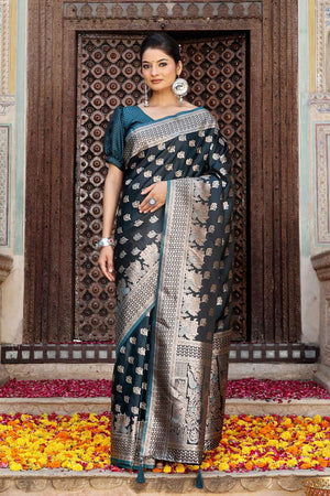 Turquoise Woven Silk  Saree