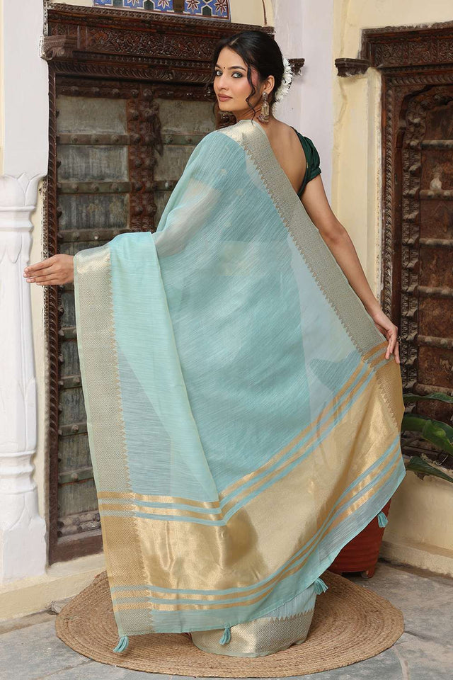 Sky Blue Woven Cotton Saree