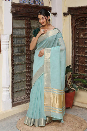 Sky Blue Woven Cotton Saree
