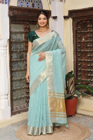 Sky Blue Woven Cotton Saree