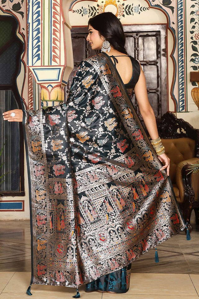 Turquoise Woven Silk  Saree