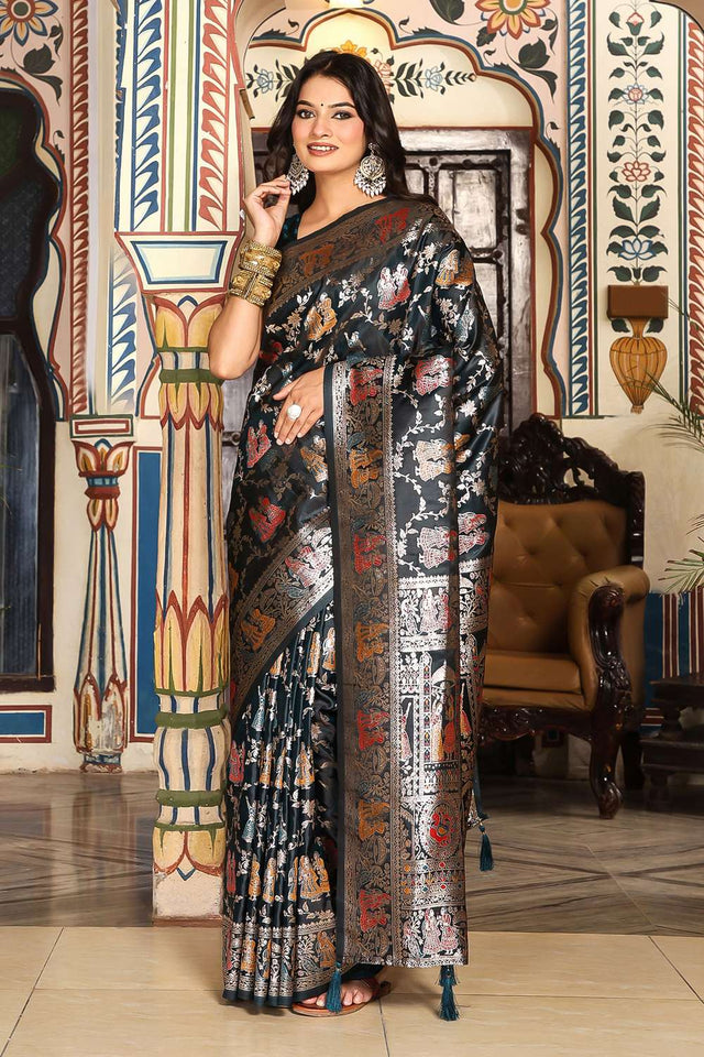 Turquoise Woven Silk  Saree