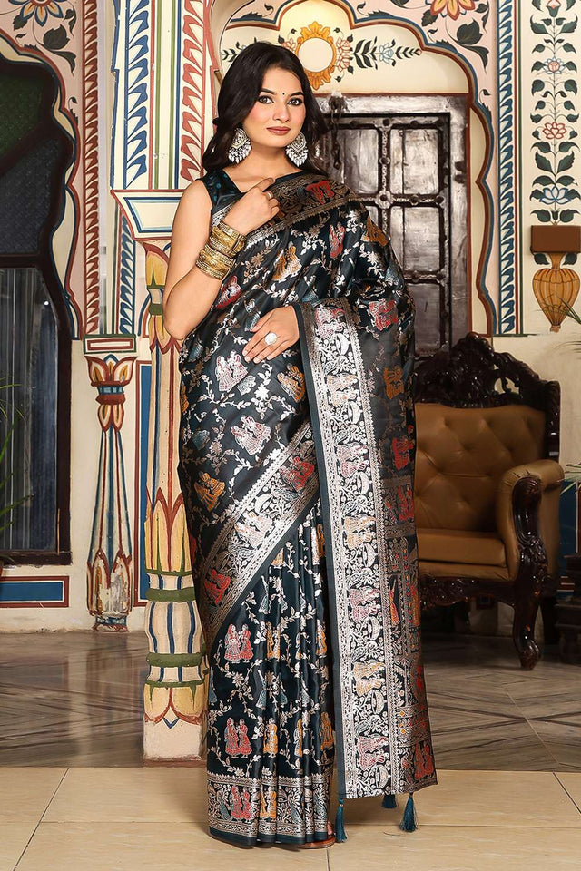 Turquoise Woven Silk  Saree