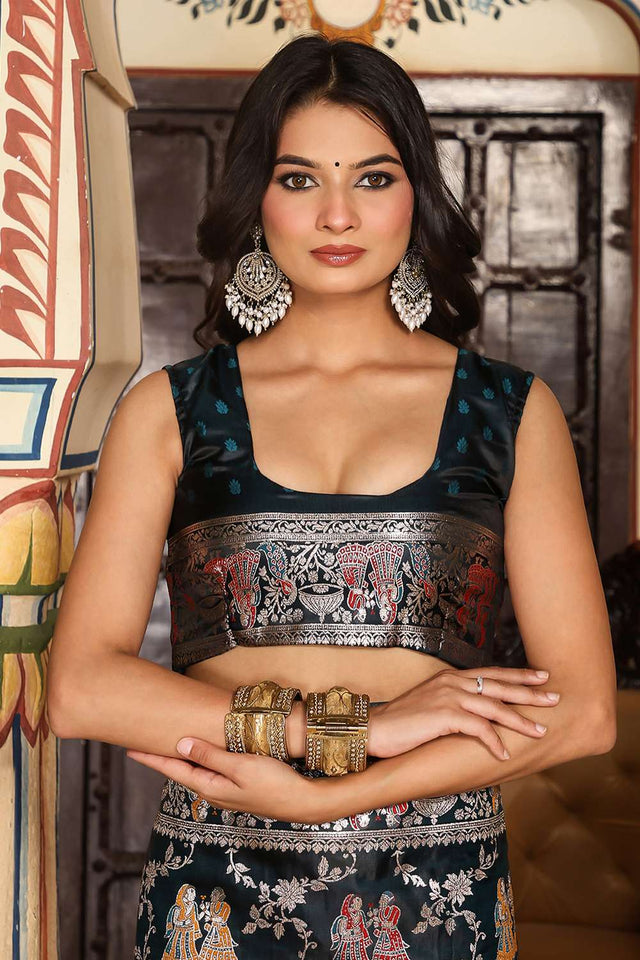 Turquoise Woven Silk  Saree