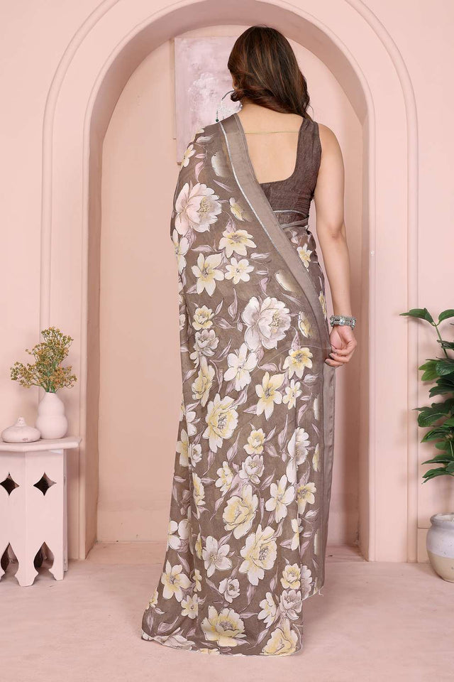 Brown Floral Printed Satin Saree