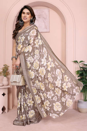 Brown Floral Printed Satin Saree