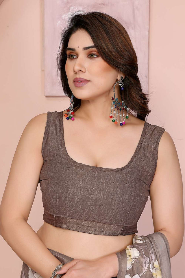 Brown Floral Printed Satin Saree